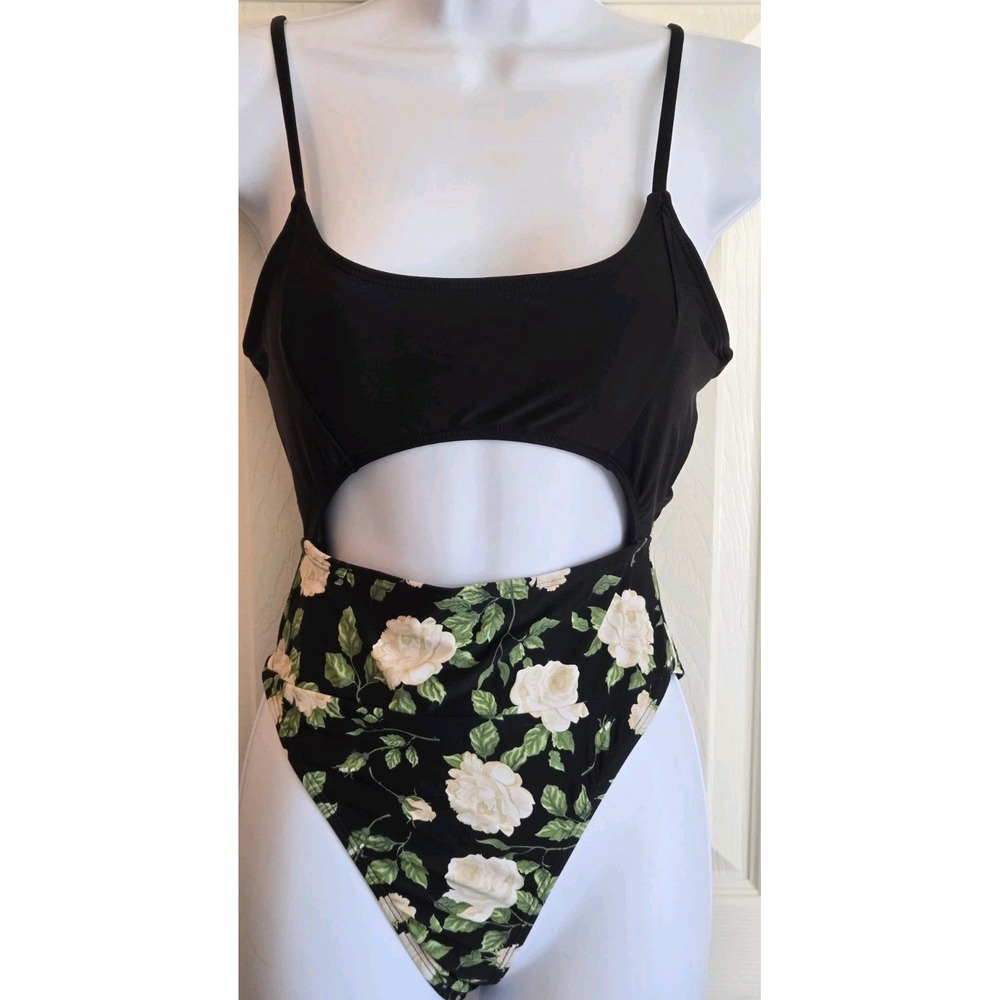One Piece Bathing suit Womens SM floral bottom Black Top open midriff NEW
